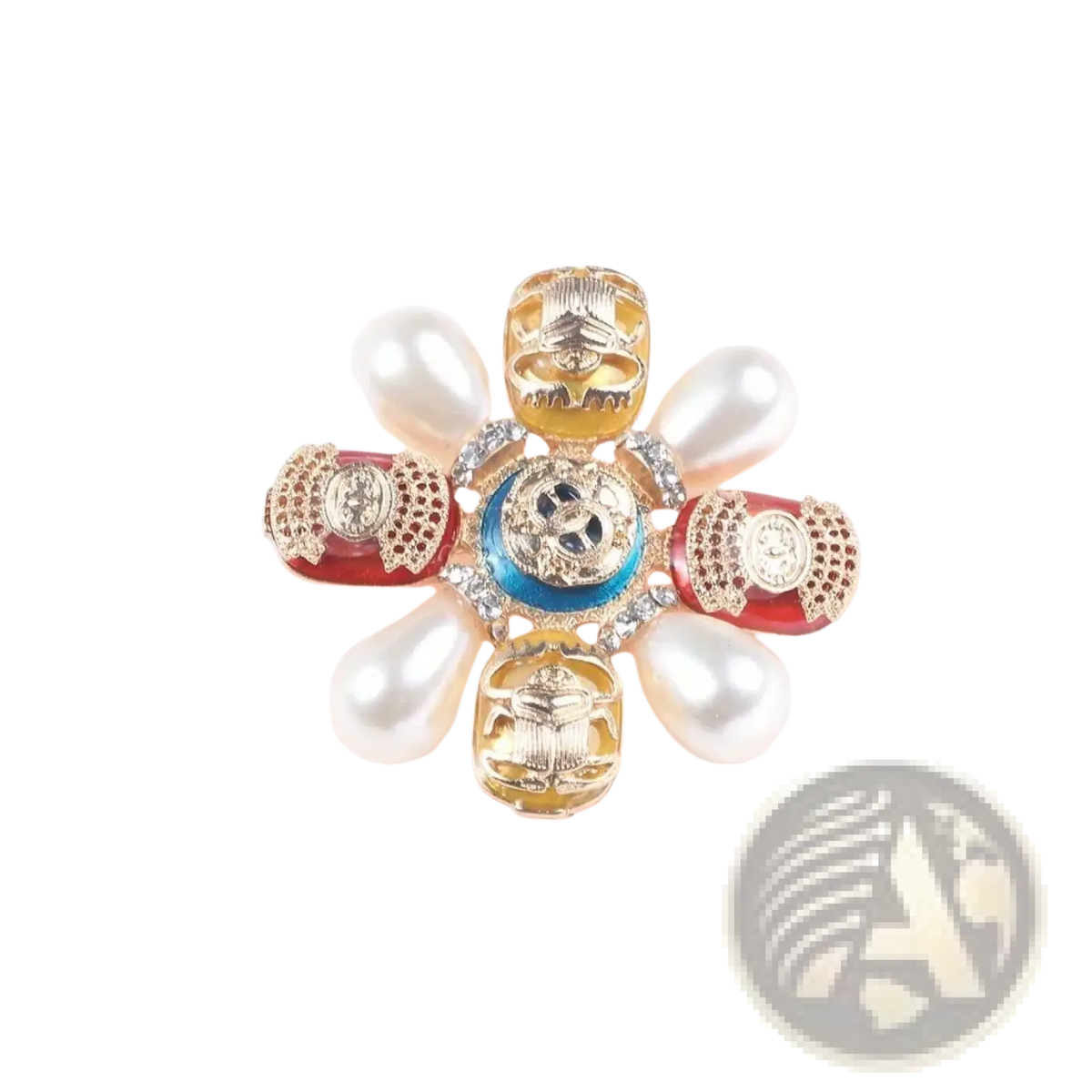 Designer pearl brooch beetle rhinestone pin with gold-toned scarab beetles and red enamel star-shaped detailing