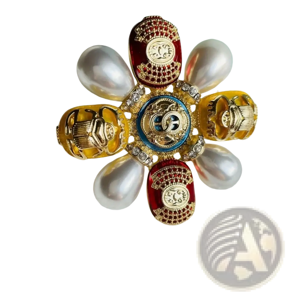 Designer pearl brooch beetle rhinestone pin with blue enamel medallion gold cc logo red and yellow enameled accents