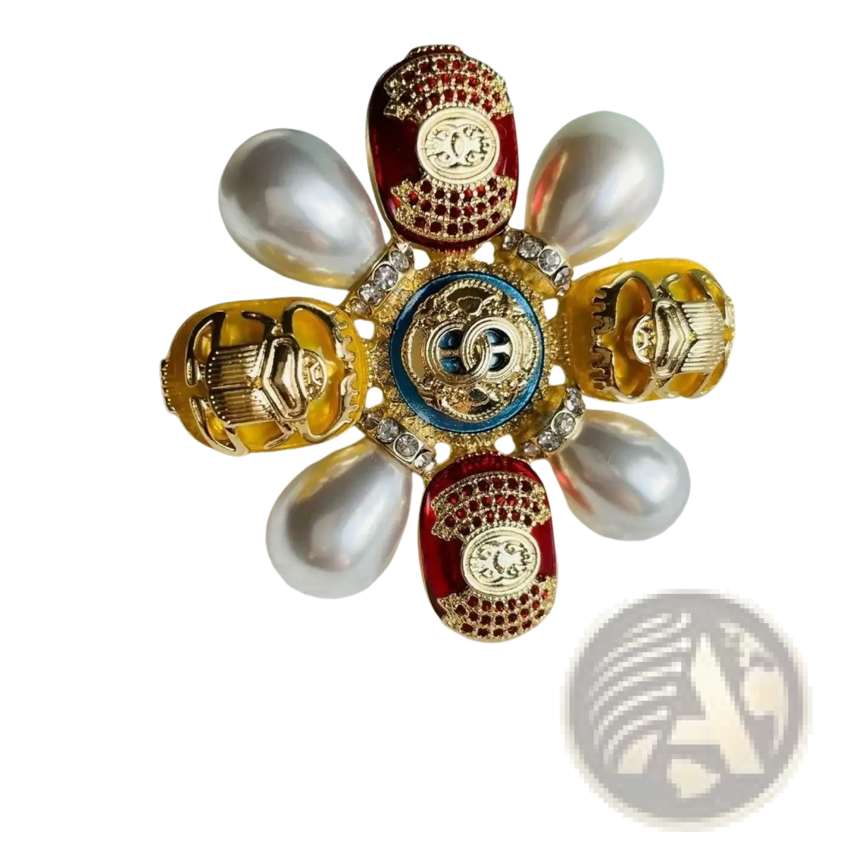 Designer pearl brooch beetle rhinestone pin with blue enamel medallion gold cc logo red and yellow enameled accents