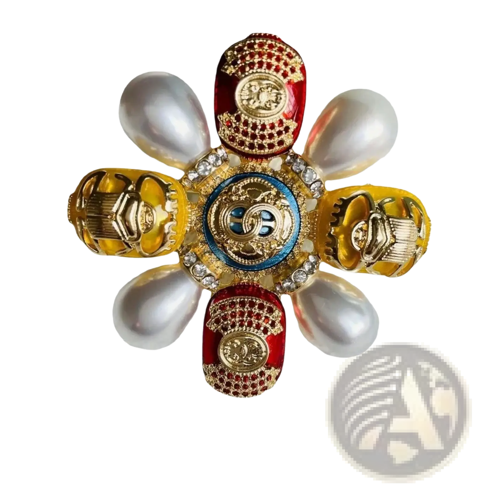 A luxurious Chanel designer pearl brooch with a blue enamel medallion and red yellow beetle rhinestone pin