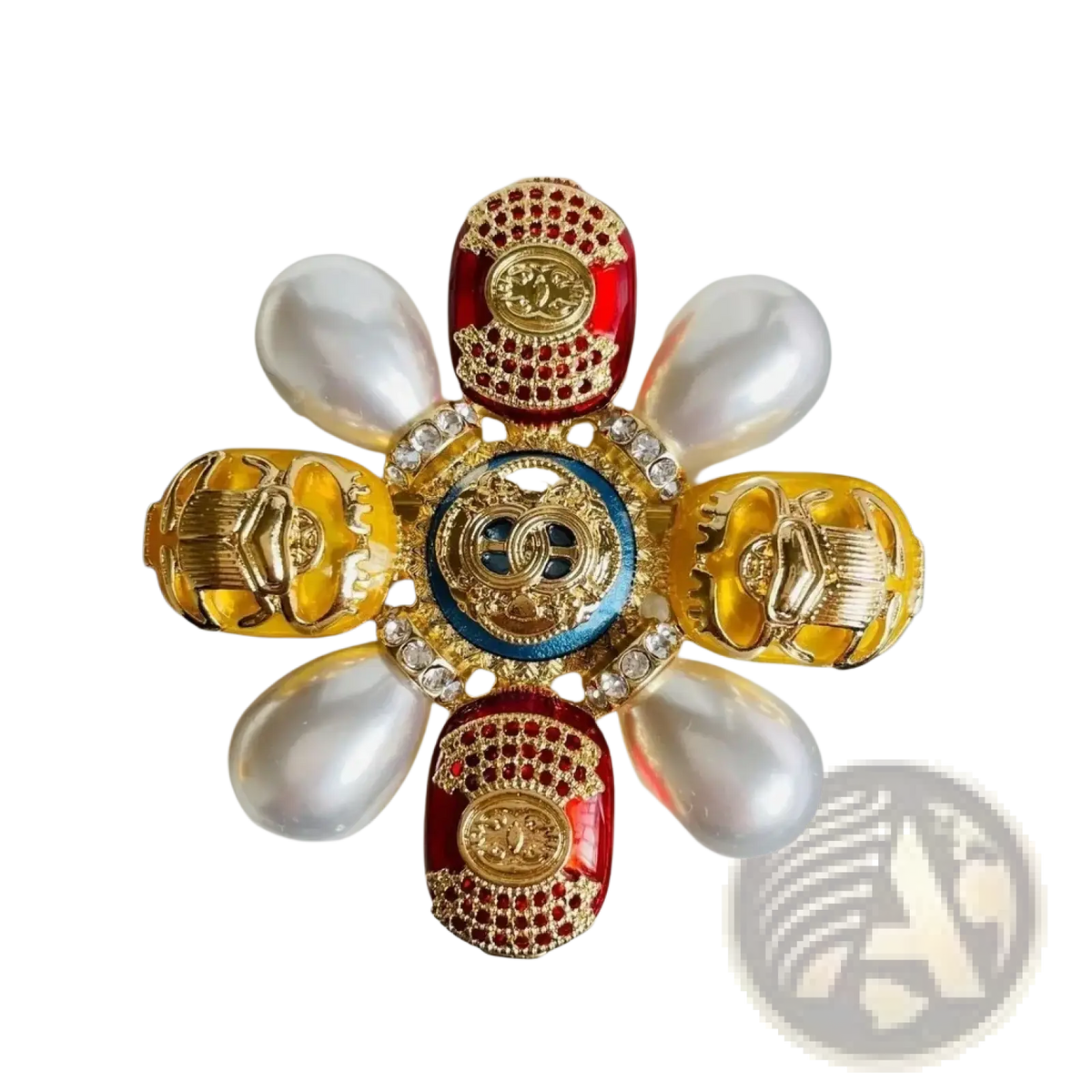 Designer pearl brooch beetle rhinestone pin featuring gold-toned scarab beetles red enamel and a central blue medallion