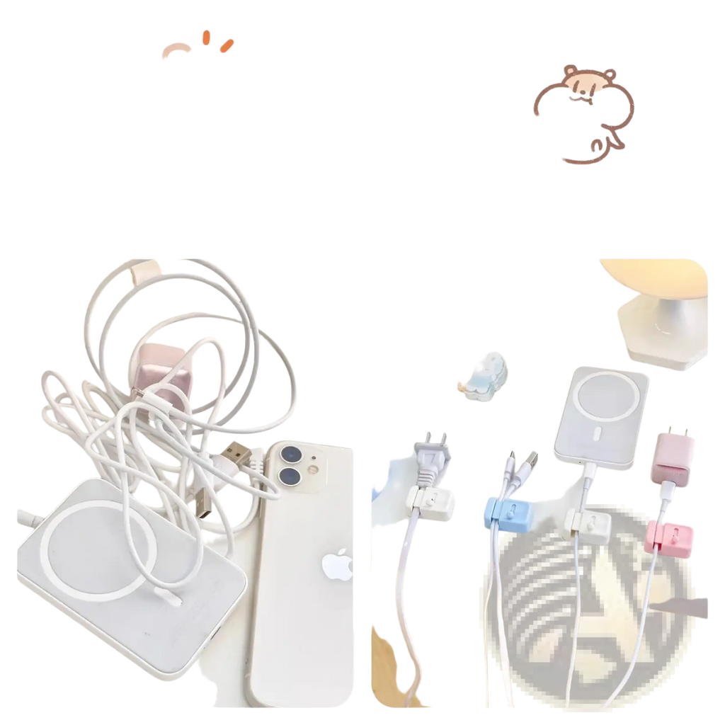 Pastel-colored plastic desk cable clips no drill cord organizers neatly holding charging cables and adapters