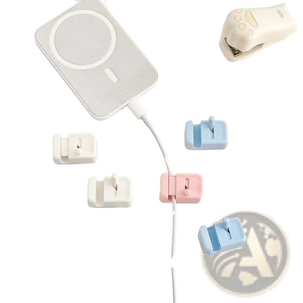 Pastel pink and light blue plastic desk cable clips no drill cord organizers with a minimalist design for cable management