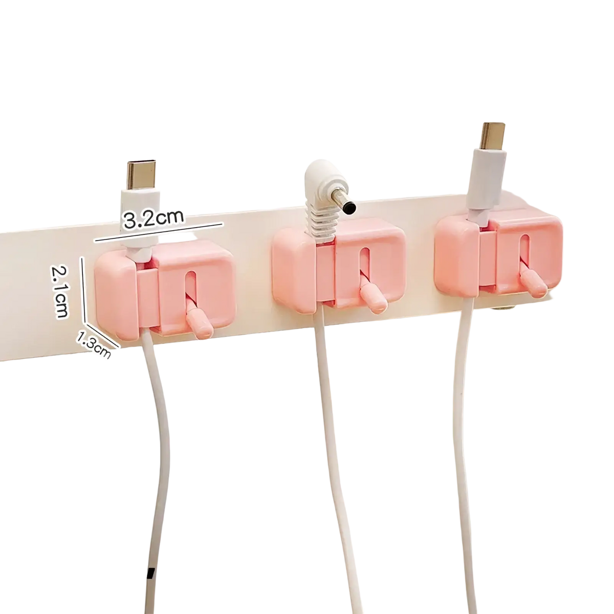 Pink plastic desk cable clips with small handles designed as no drill cord organizers for usb cables