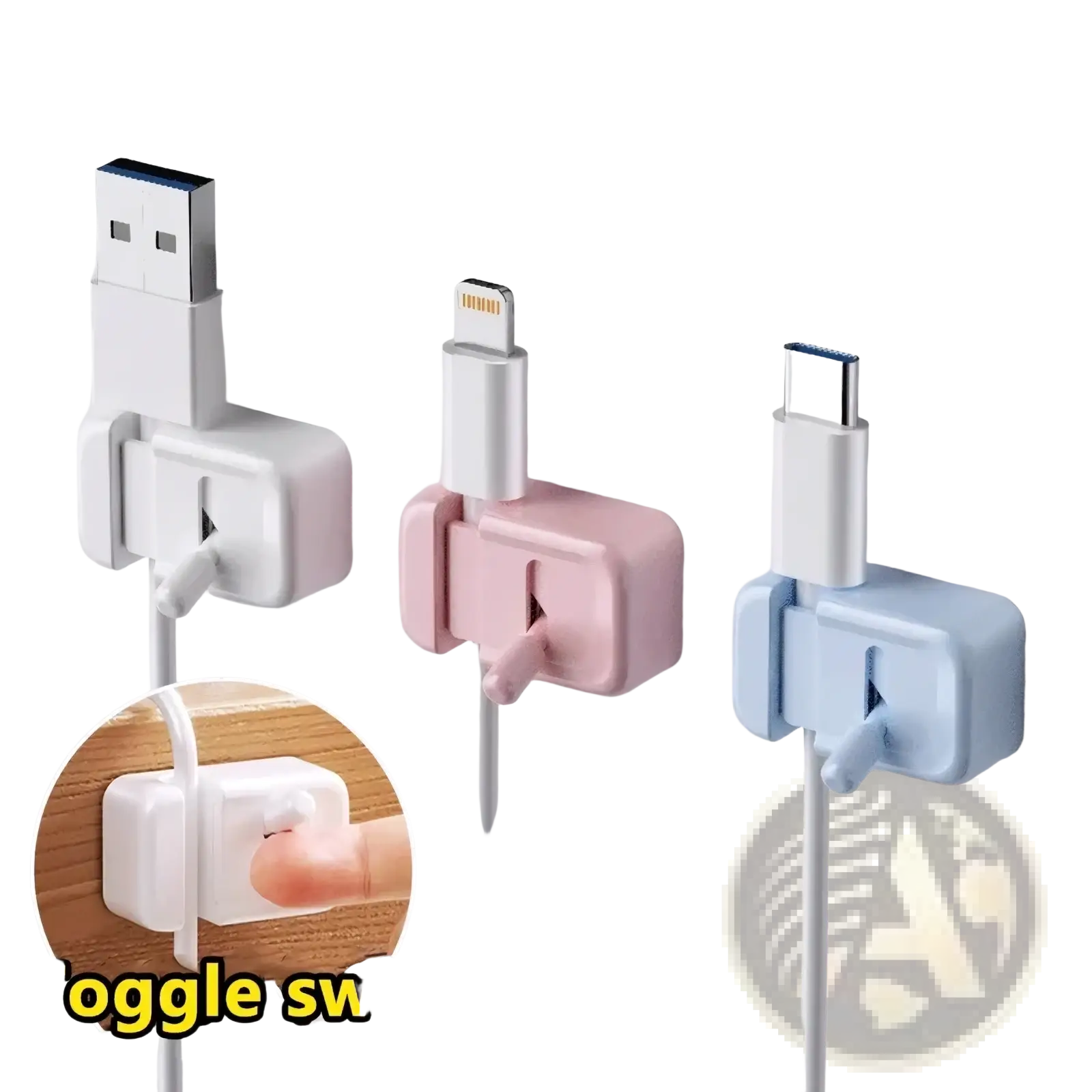 Three pastel-colored plastic desk cable clip no drill cord organizers holding different usb connectors
