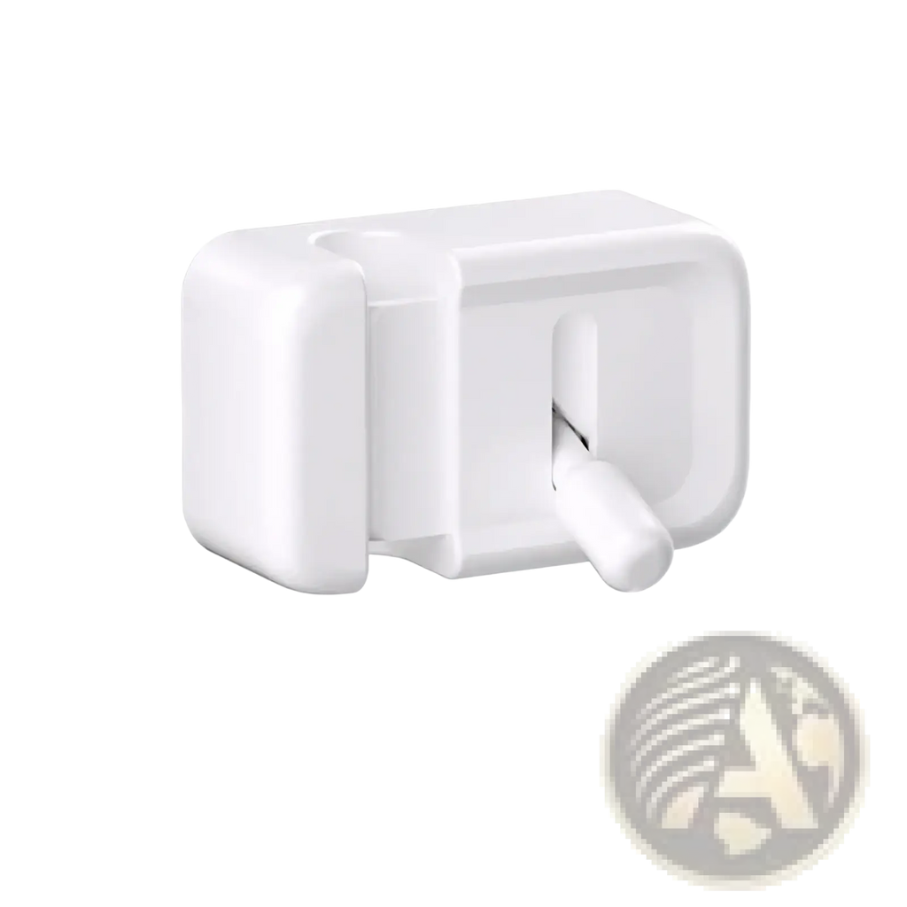 White plastic desk cable clip with rectangular shape rounded edges and a small handle for no drill cord organization