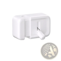 White plastic desk cable clip with rectangular shape rounded edges and a small handle for no drill cord organization