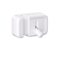 White plastic desk cable clip with rectangular shape rounded edges and a small handle for no drill cord organization