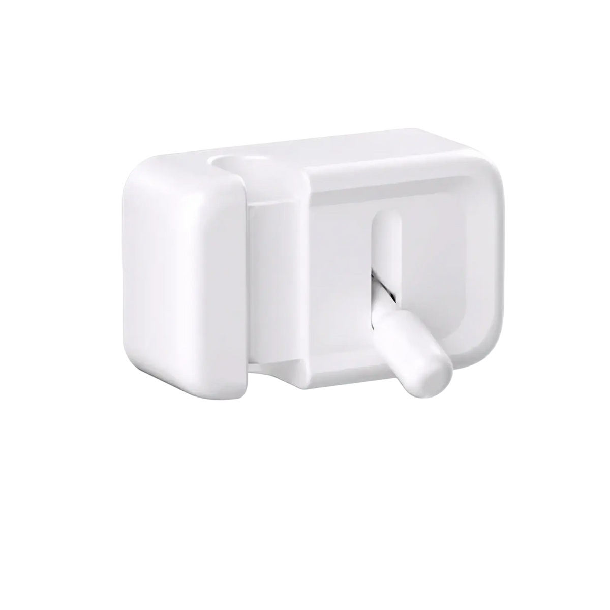 White plastic desk cable clip with rectangular shape rounded edges and a small handle for no drill cord organization
