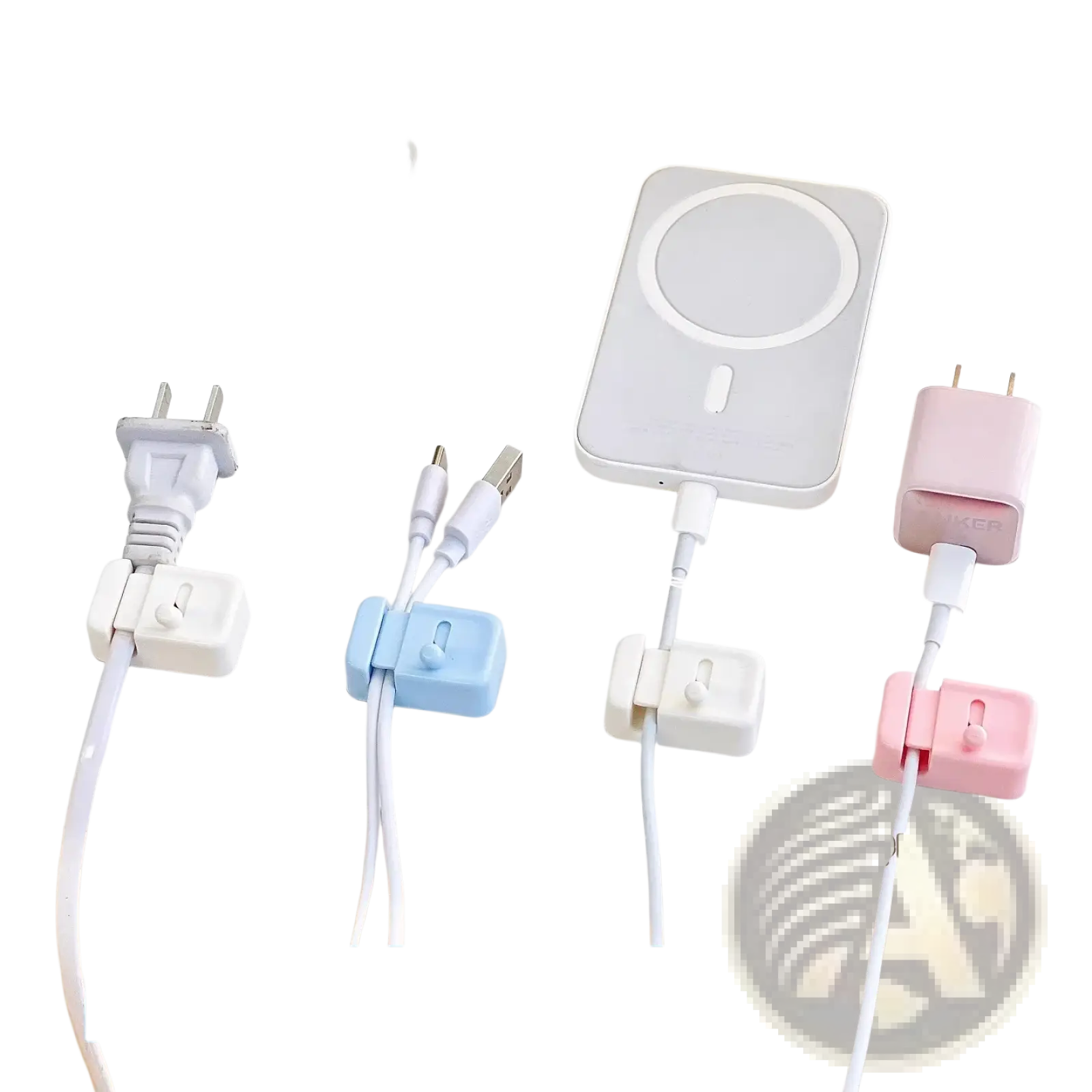 Pastel-colored plastic desk cable management clips with no-drill design for organizing plugs usb cables and chargers