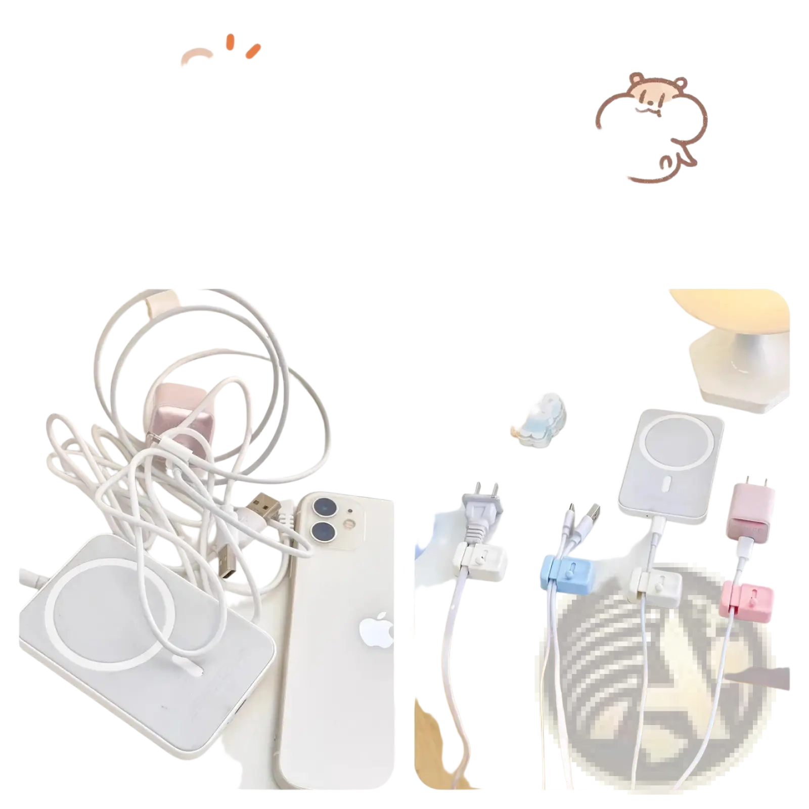 Pastel-colored plastic desk cable management clips holding neatly arranged charging cables and adapters no-drill organizer