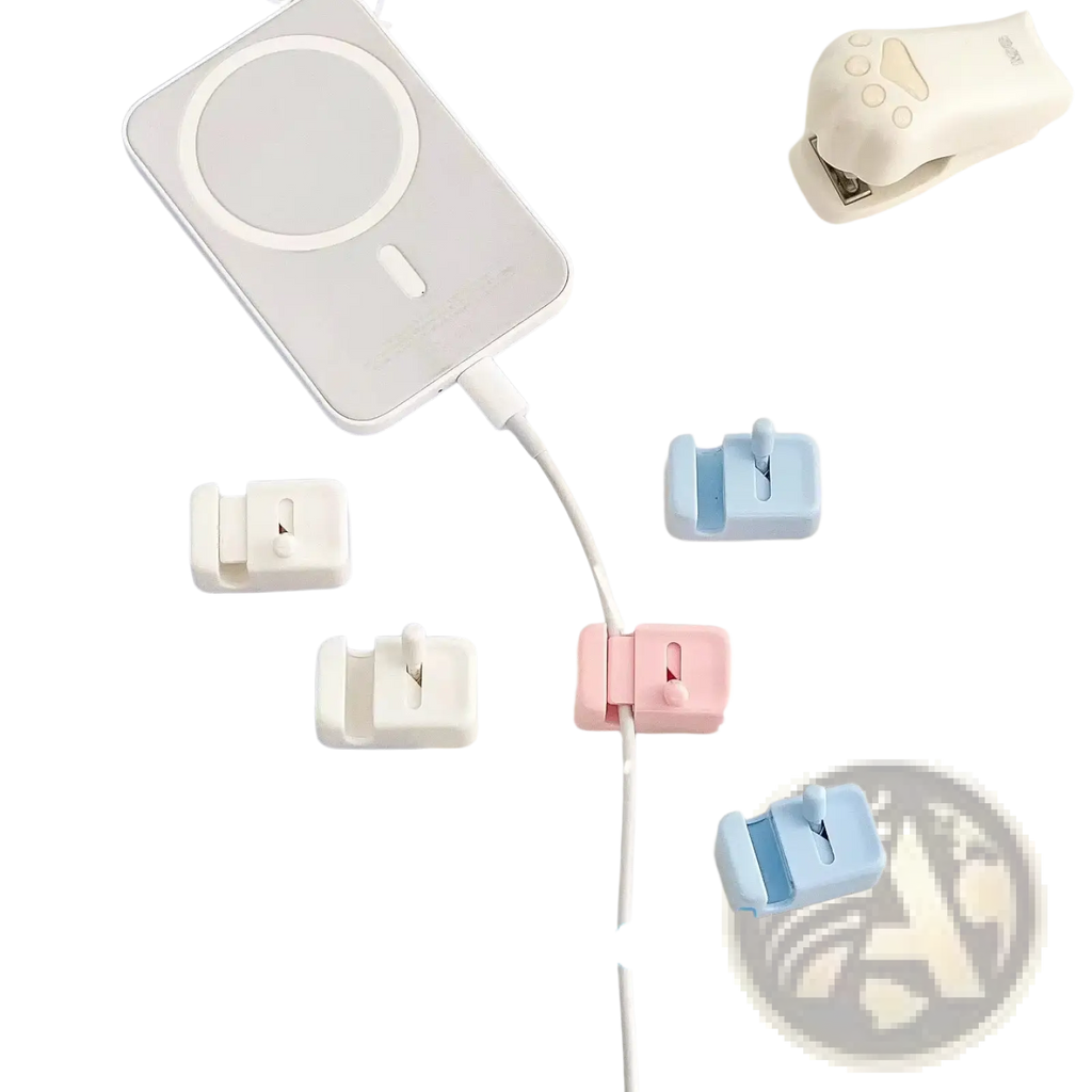 Pastel pink and blue plastic desk cable management clips with minimalist no-drill cord organizer design