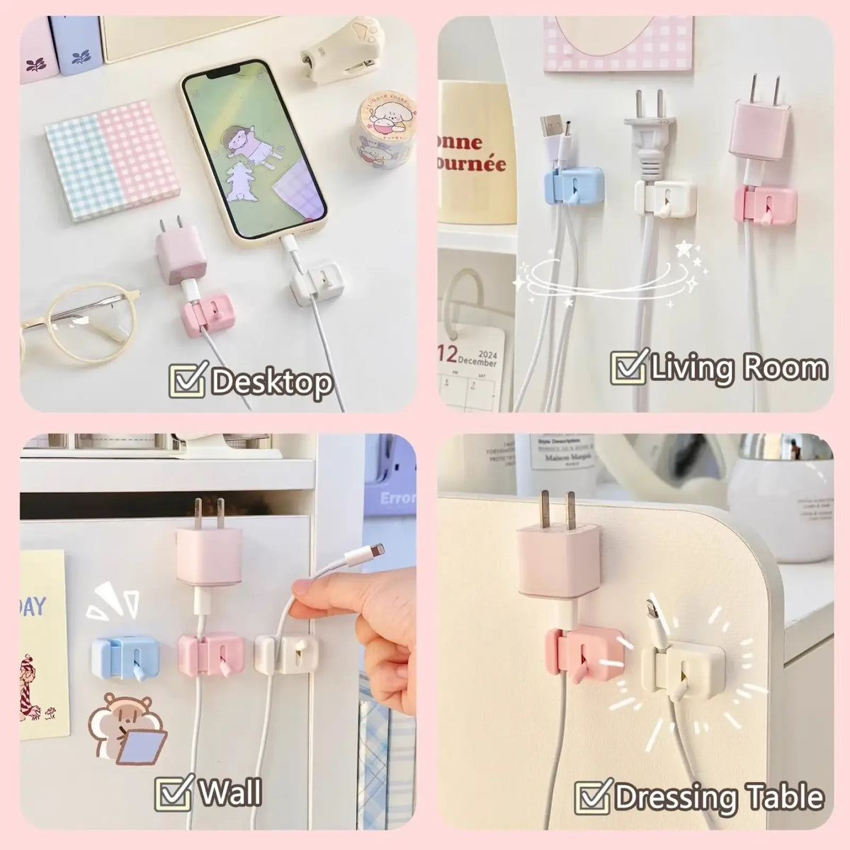 Pastel pink and white plastic desk cable management clips with no-drill design for neatly securing cords to surfaces
