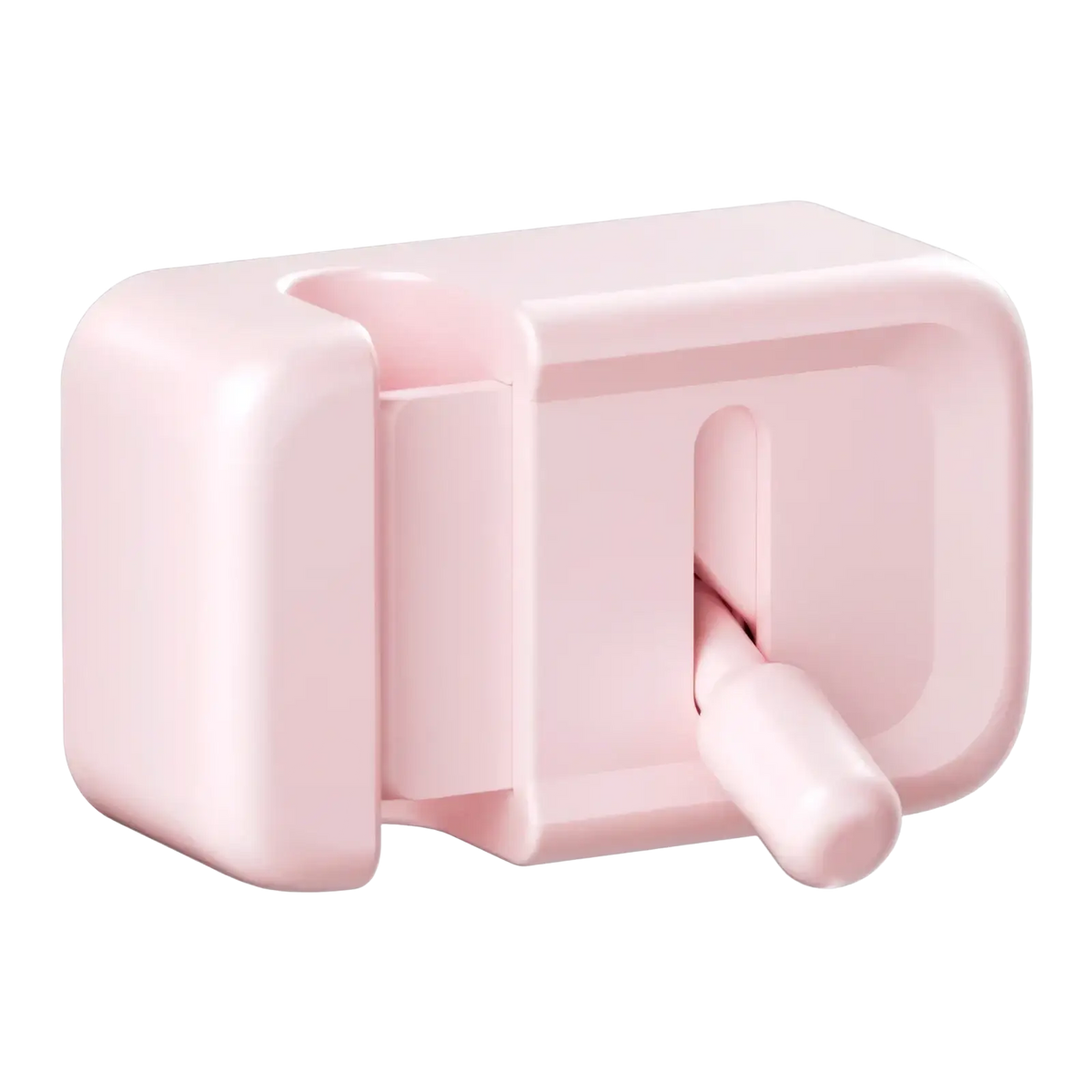 Pink plastic child safety door lock with smooth rounded design and handle for easy operation in desk cable management clip