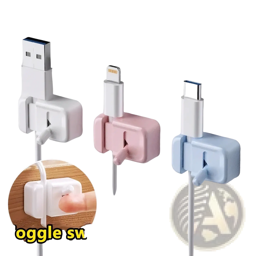 Three pastel-colored plastic desk cable management clips holding different usb connectors for no-drill cord organization