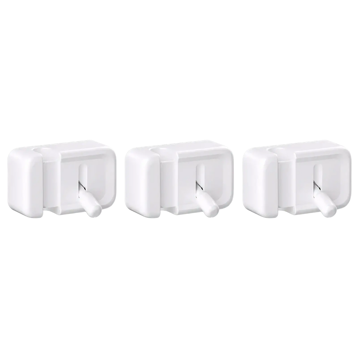 Three white plastic no-drill desk cable management clips with rectangular design and small tabs for cord organization