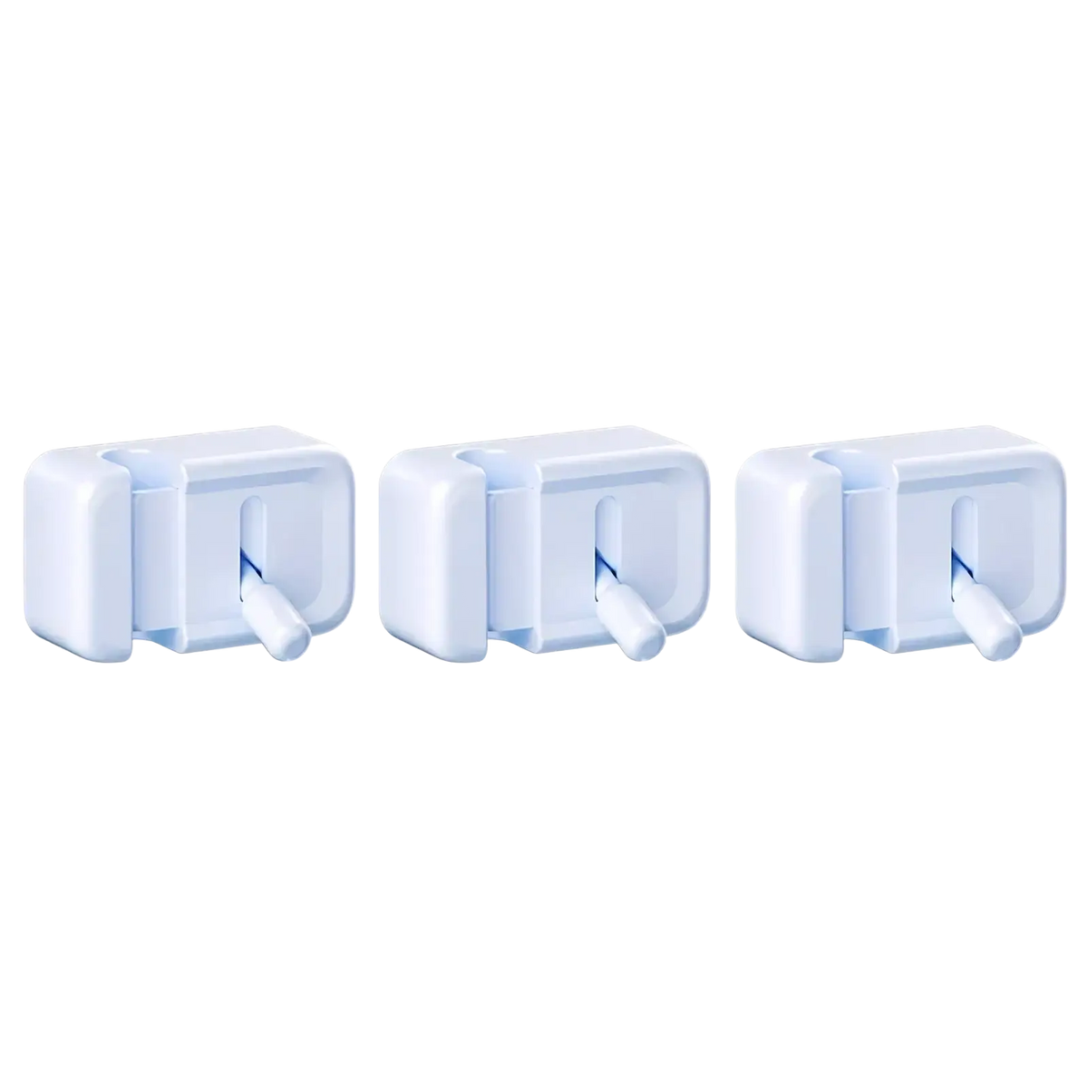 Three white plastic baby safety gates with blue latch accents designed for secure child protection and cable management