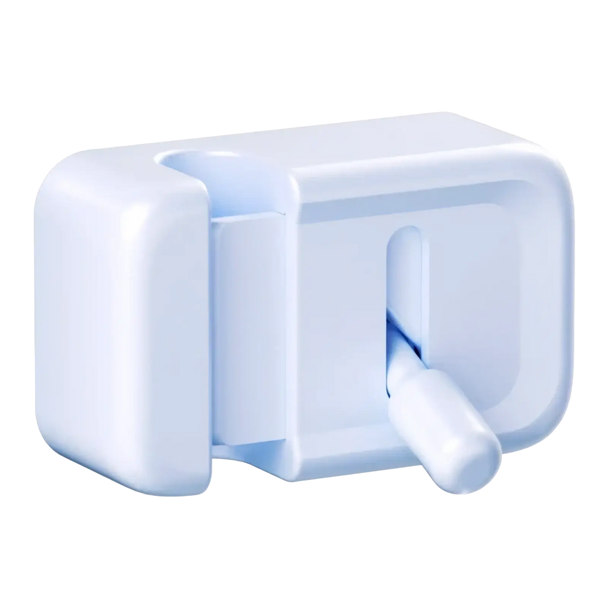 White plastic child safety door latch with smooth rounded design and protruding handle for desk cable management clip