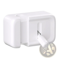 White plastic desk cable management clip with smooth rounded design and protruding handle for no-drill cord organization