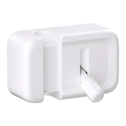 White plastic desk cable management clip with smooth rounded design and protruding handle for no-drill cord organization