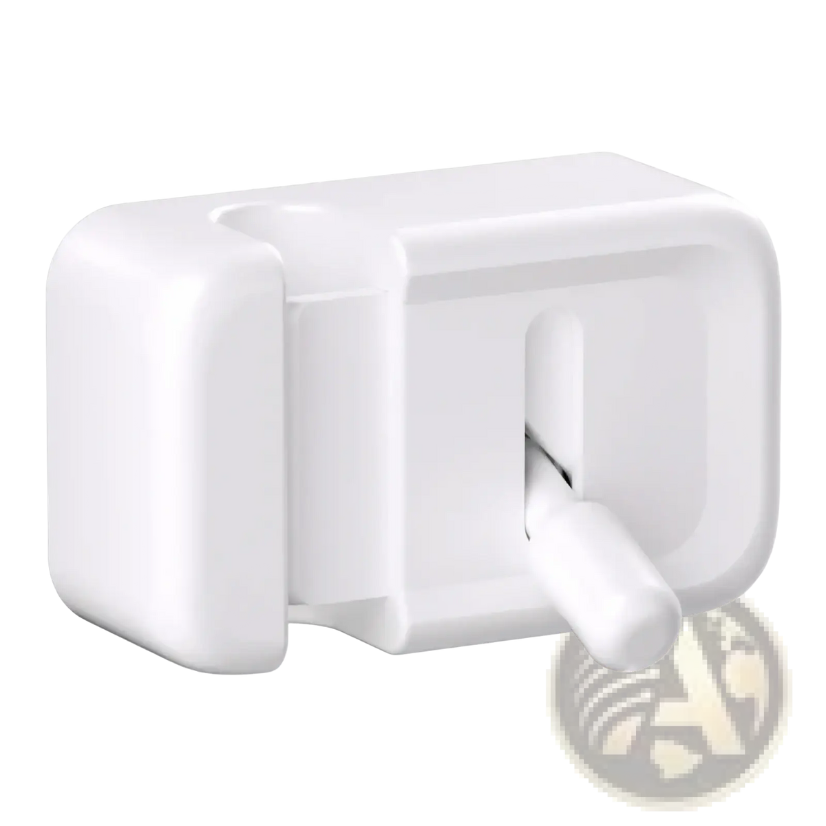 White plastic desk cable management clip with smooth rounded design and protruding handle for no-drill cord organization