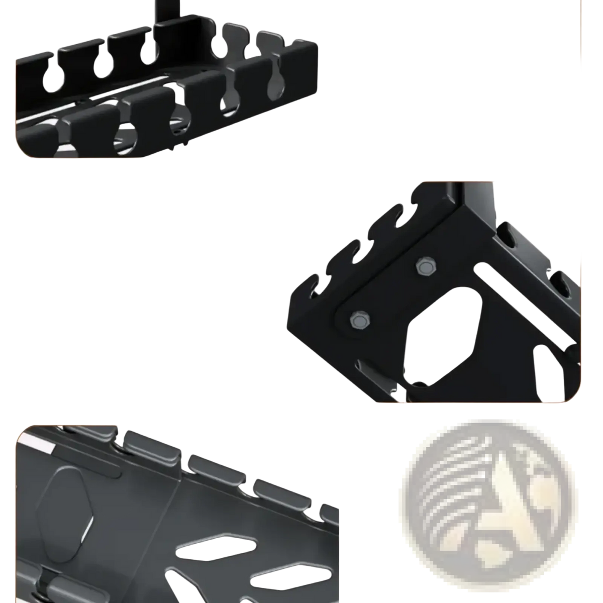 Black metal desk cable management tray with hexagonal design and cutout slots for wire organization