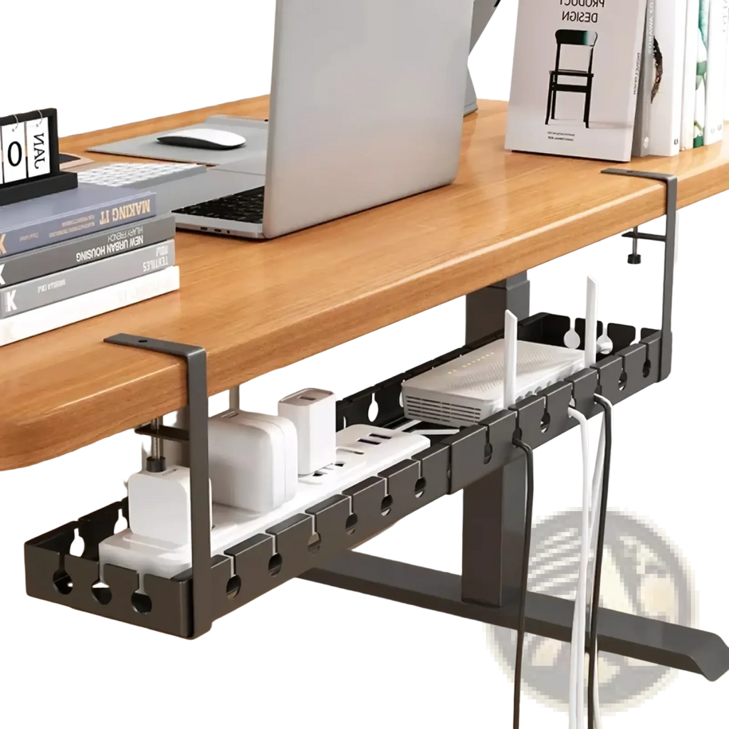 Black metal desk cable management tray with multiple circular hooks and built-in power strip for wire organization