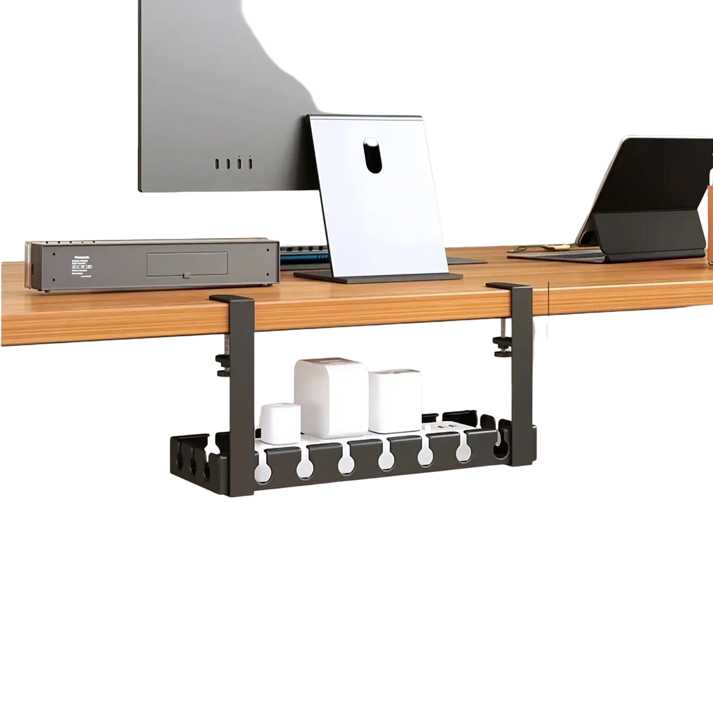 Black metal desk cable management tray 40cm with multiple slots and hooks for organized wire storage
