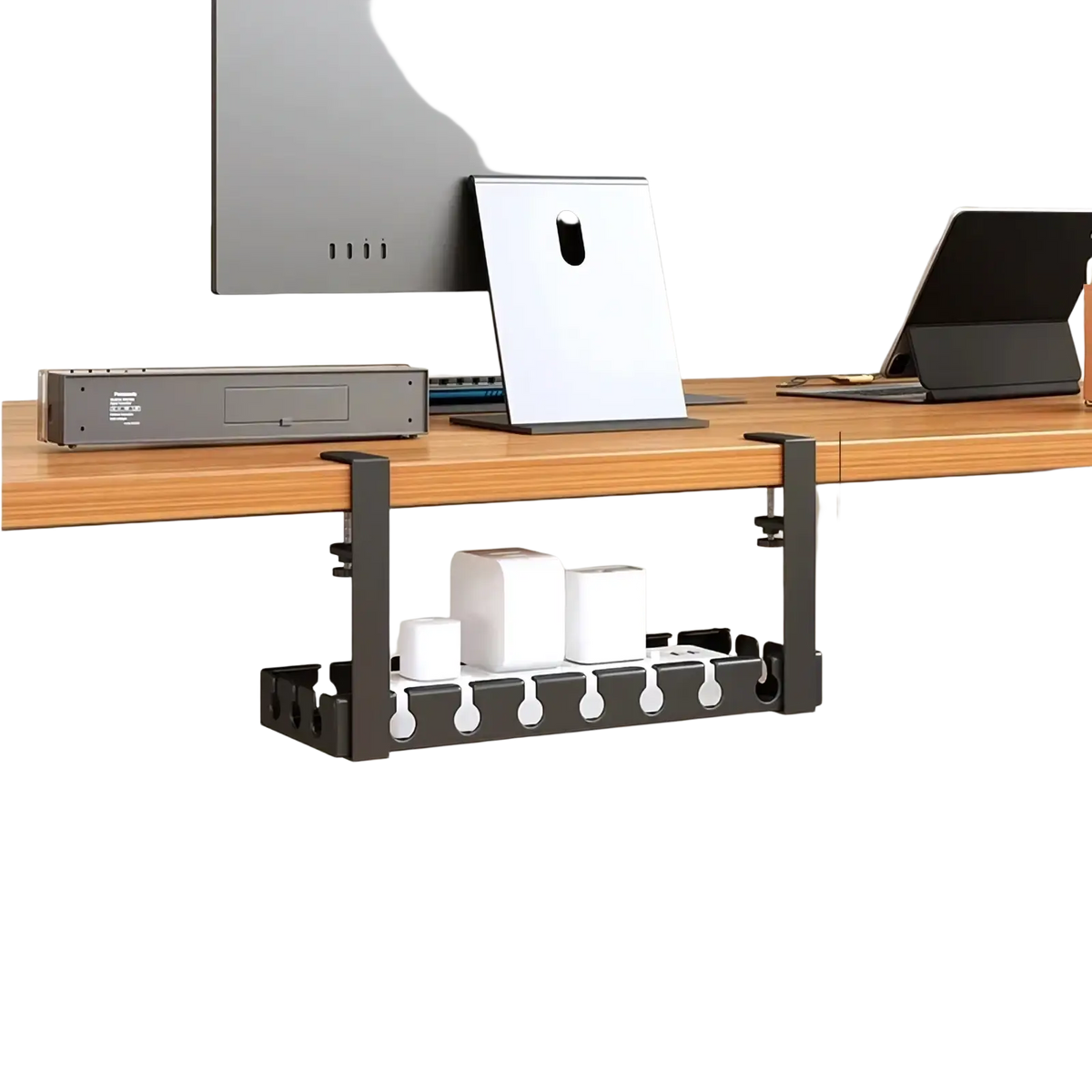 Black metal desk cable management tray 40cm with multiple slots and hooks for organized wire storage