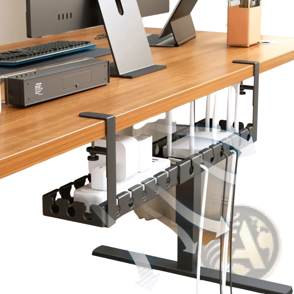 Black metal desk cable management tray with adjustable clamps and multiple slots for organizing cords