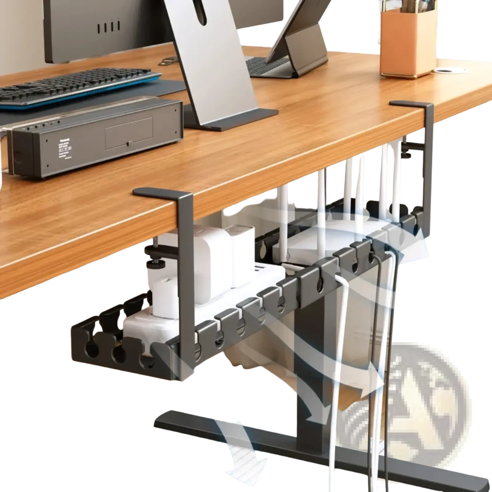 Black metal desk cable management tray with adjustable clamps and multiple slots for organizing cords