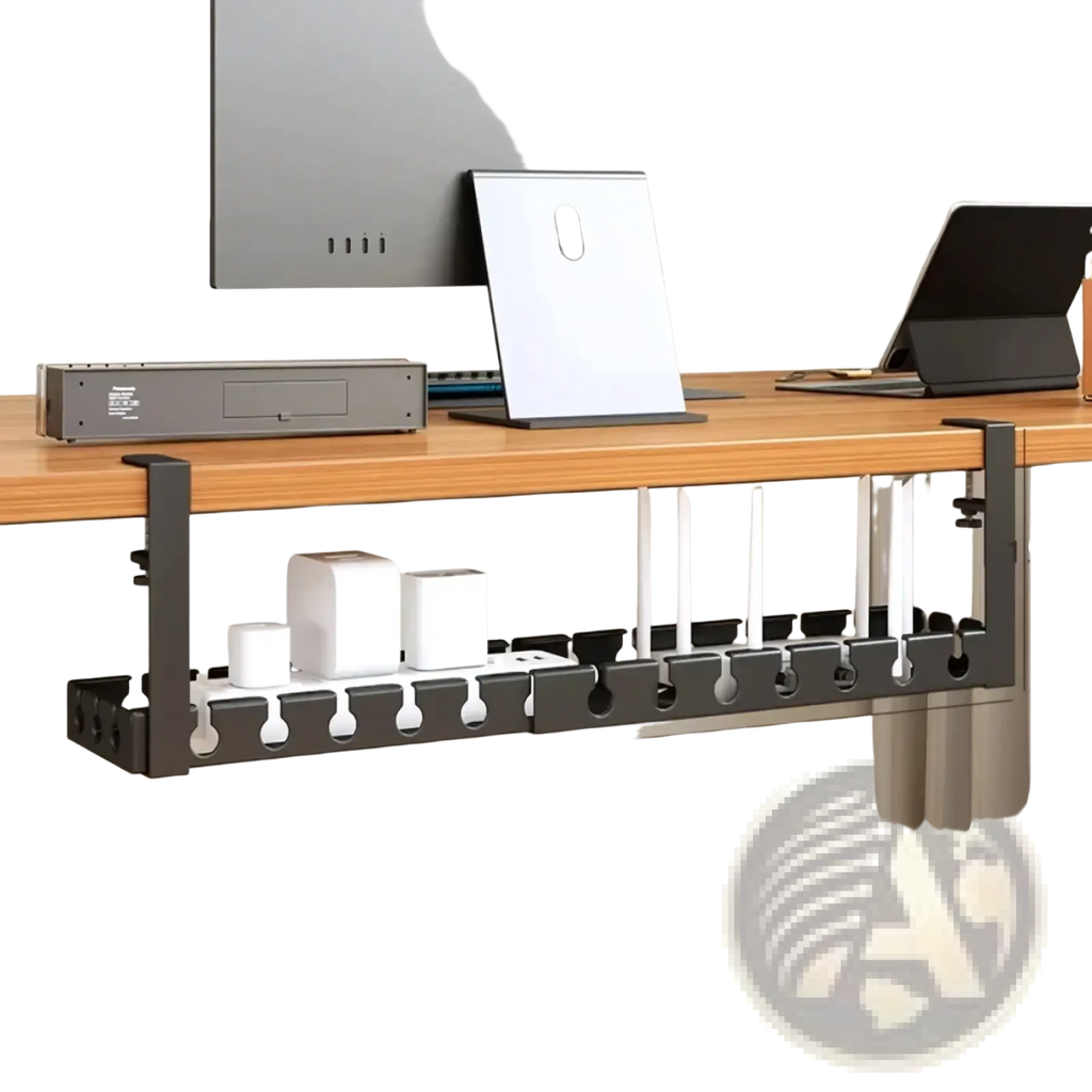 Black retractable desk cable management tray with white cylindrical holders made of metal wire for organized workspace use