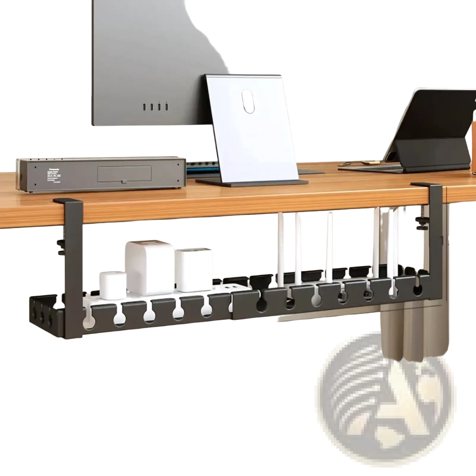 Black retractable desk cable management tray with white cylindrical holders made of metal wire for organized workspace use