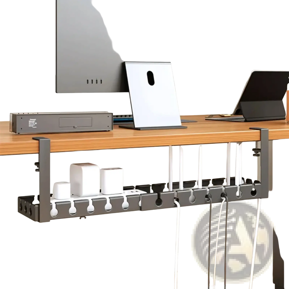 Gray metal desk cable management tray with multiple slots for organizing cords and power strips efficiently