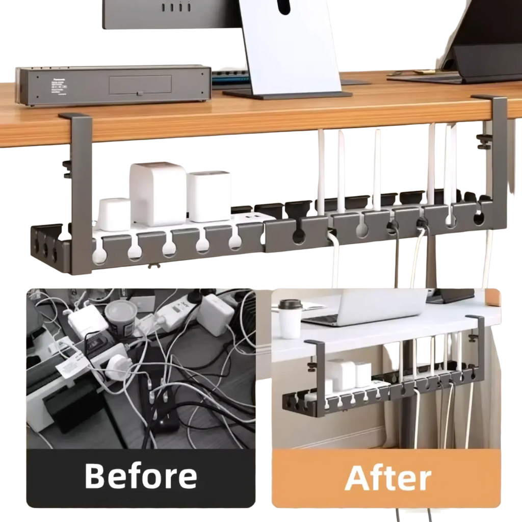 Gray metal desk cable management tray with multiple slots for organizing cords and power adapters