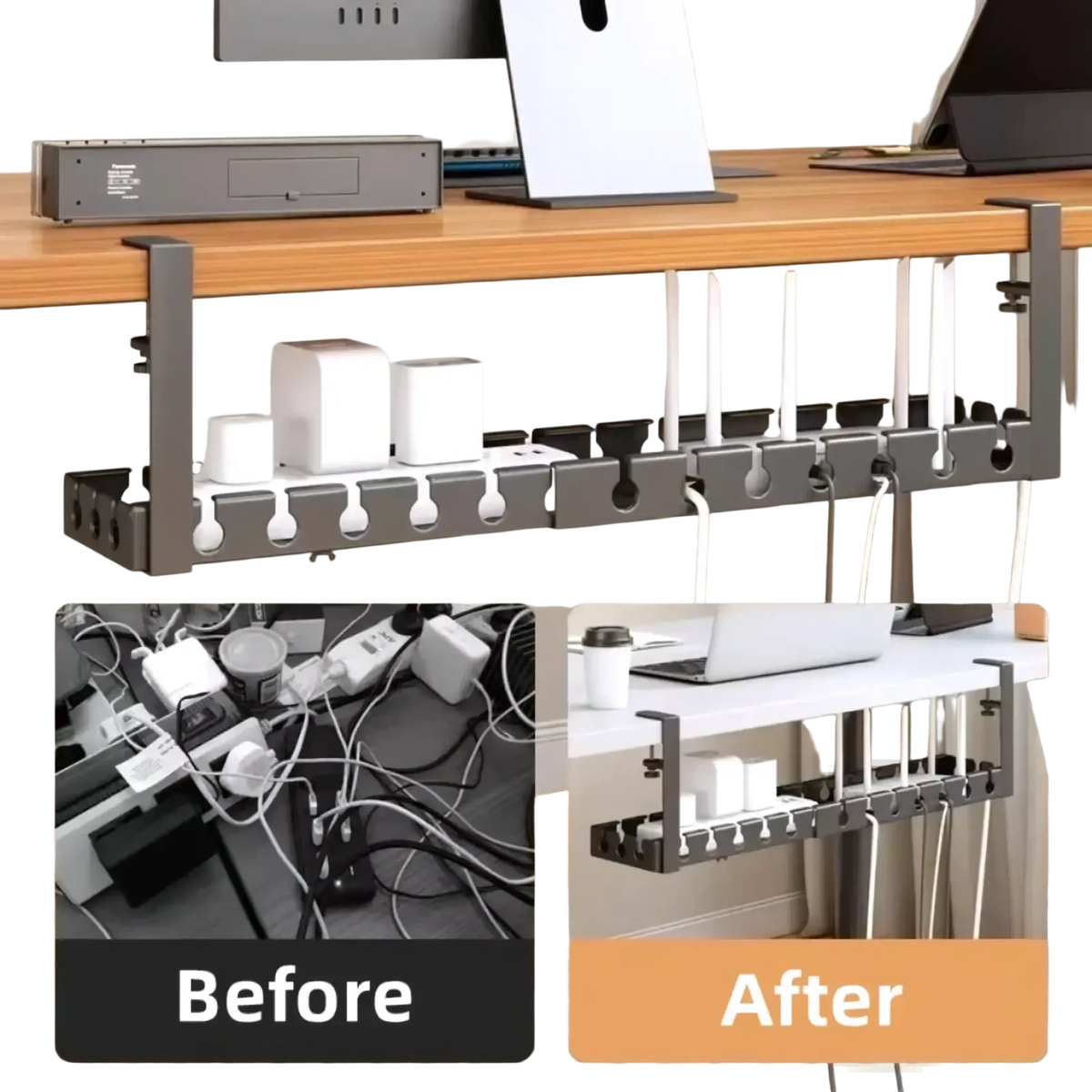 Gray metal desk cable management tray with multiple slots for organizing cords and power adapters