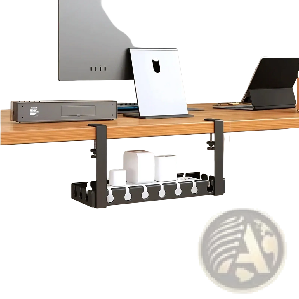 Black metal desk cable management tray 40cm with multiple slots and hooks for organized wire storage