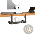 Black metal desk cable management tray 40cm with multiple slots and hooks for organized wire storage