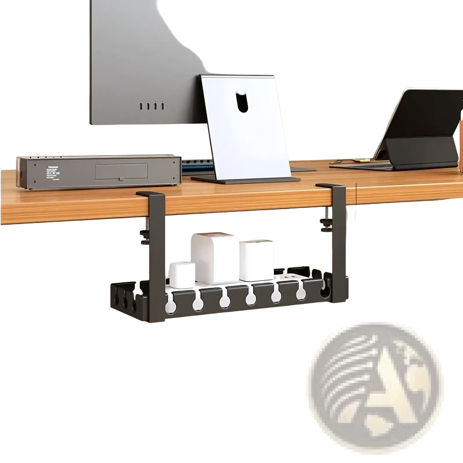 Black metal desk cable management tray 40cm with multiple slots and hooks for organized wire storage