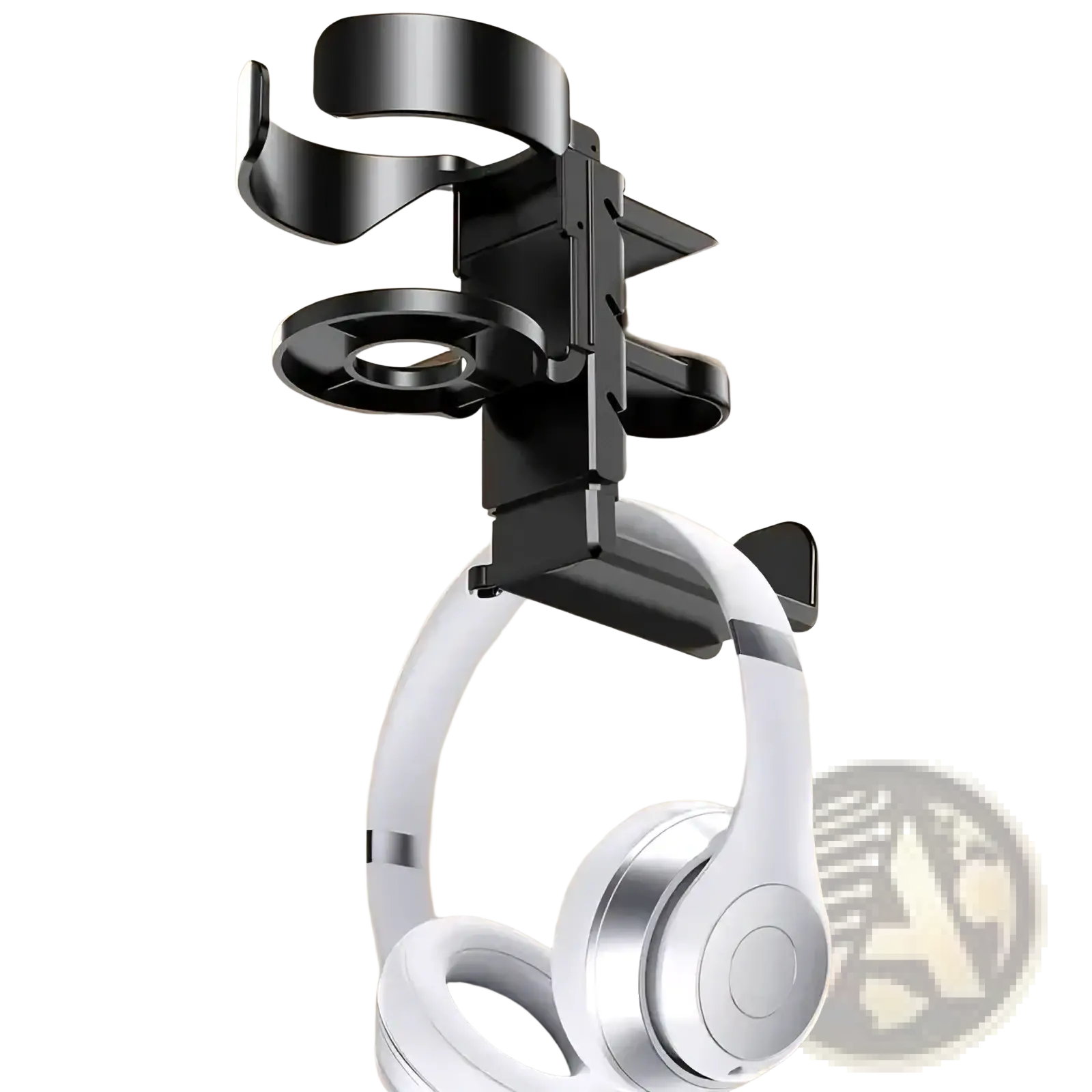 Black metal desk cup holder and headphone hook mounted on desk holding white over ear headphones with silver accents