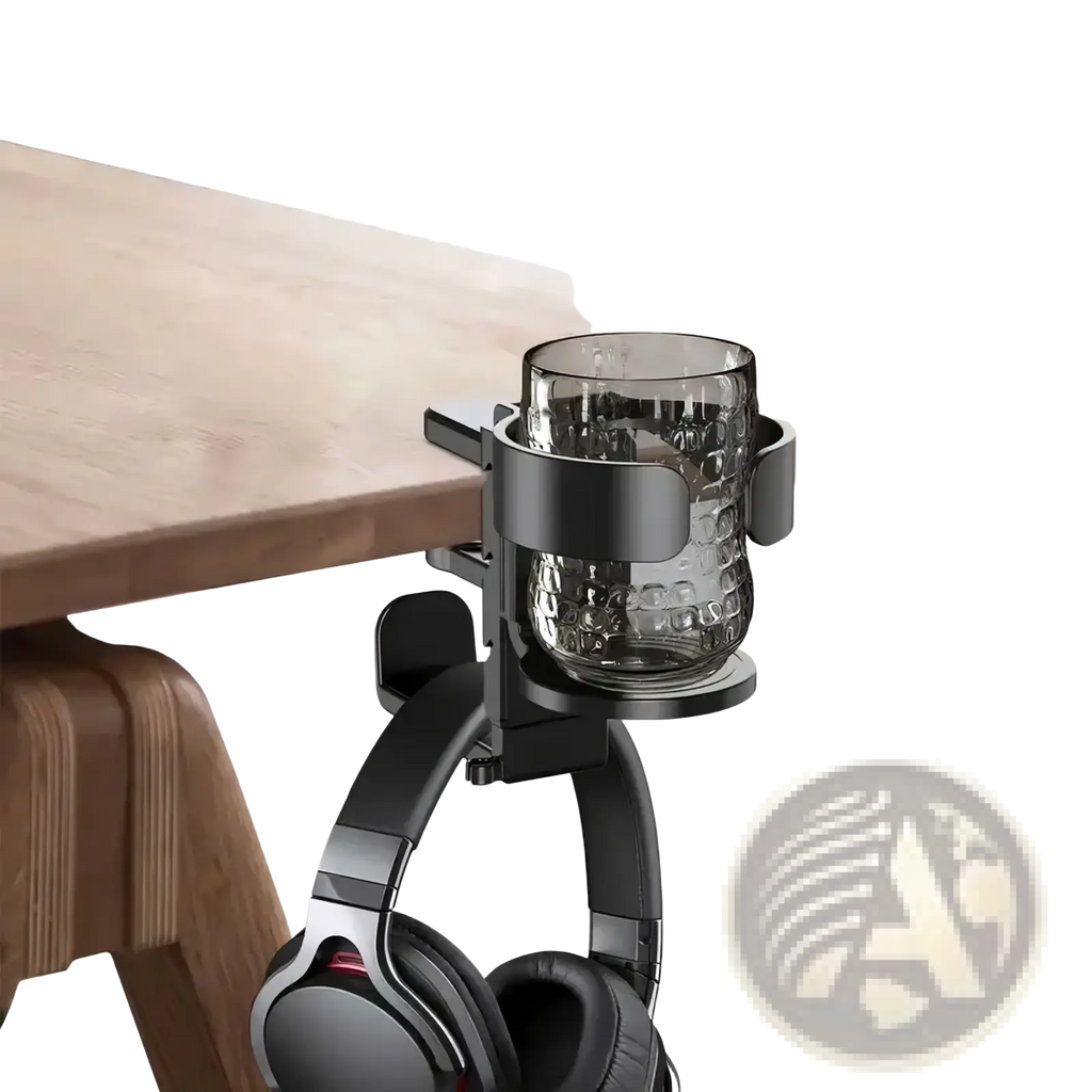 Black metal desk cup holder with headphone hook featuring a textured glass mug for organized workspace use