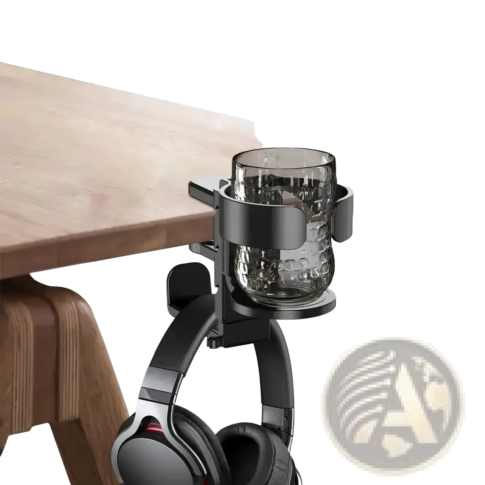 Black metal desk cup holder with headphone hook featuring a textured glass mug for organized workspace use