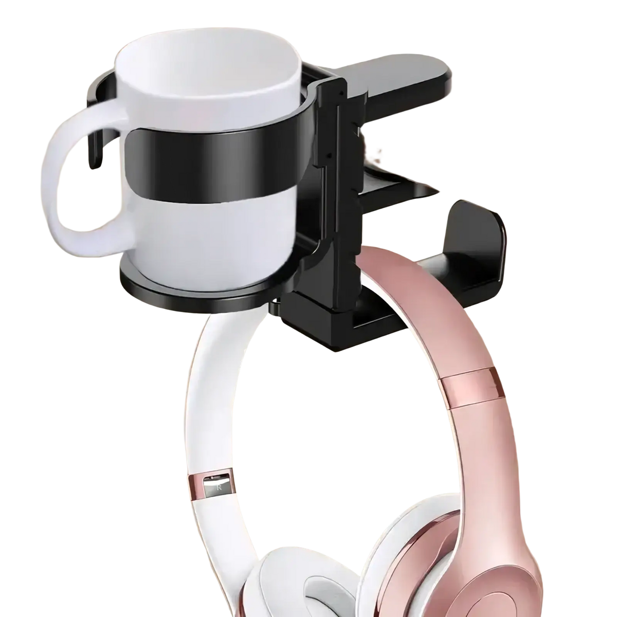 Black desk-mounted desk cup holder and headphone hook with white ceramic cup and rose gold headphones hanging below