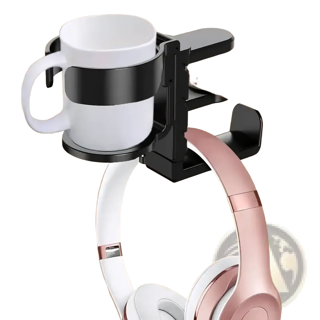 Black desk-mounted desk cup holder and headphone hook with white ceramic cup and rose gold headphones hanging below