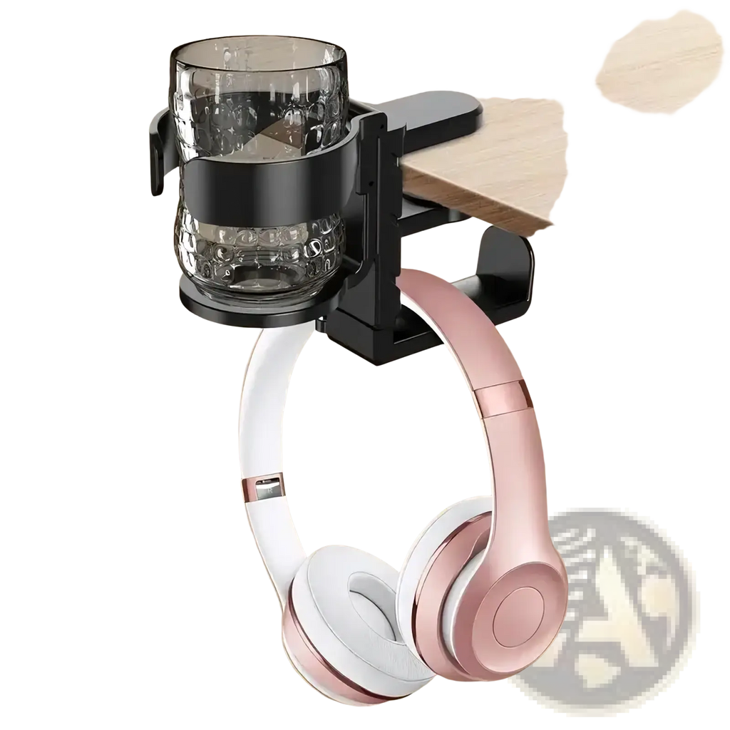Black desk-mounted cup holder and headphone hook holding a textured glass cup and rose gold wireless headphones
