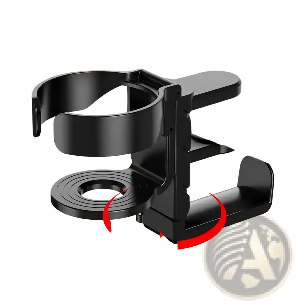 Black plastic 360-degree rotating desk cup holder and headphone hook for organized workspace storage