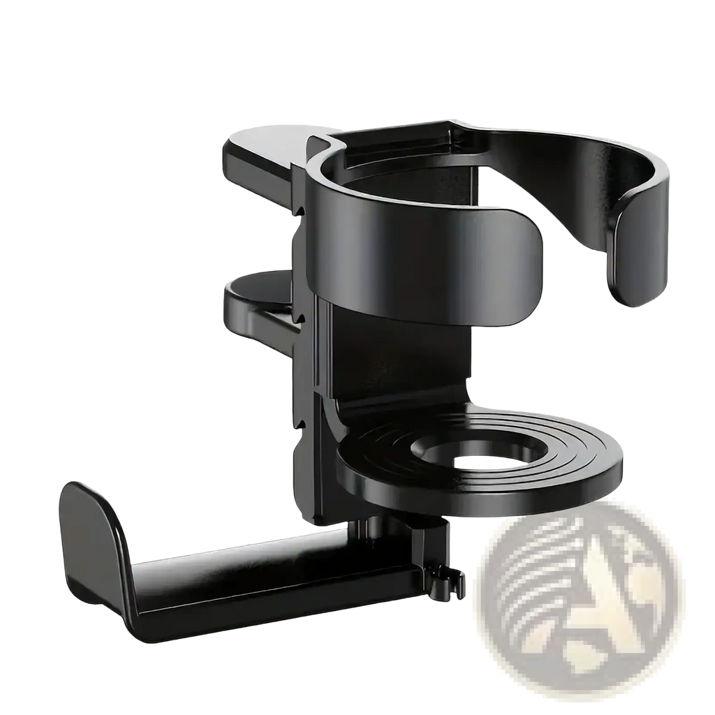 Black plastic desk cup holder and headphone hook with sleek modern design and adjustable clamping mechanism