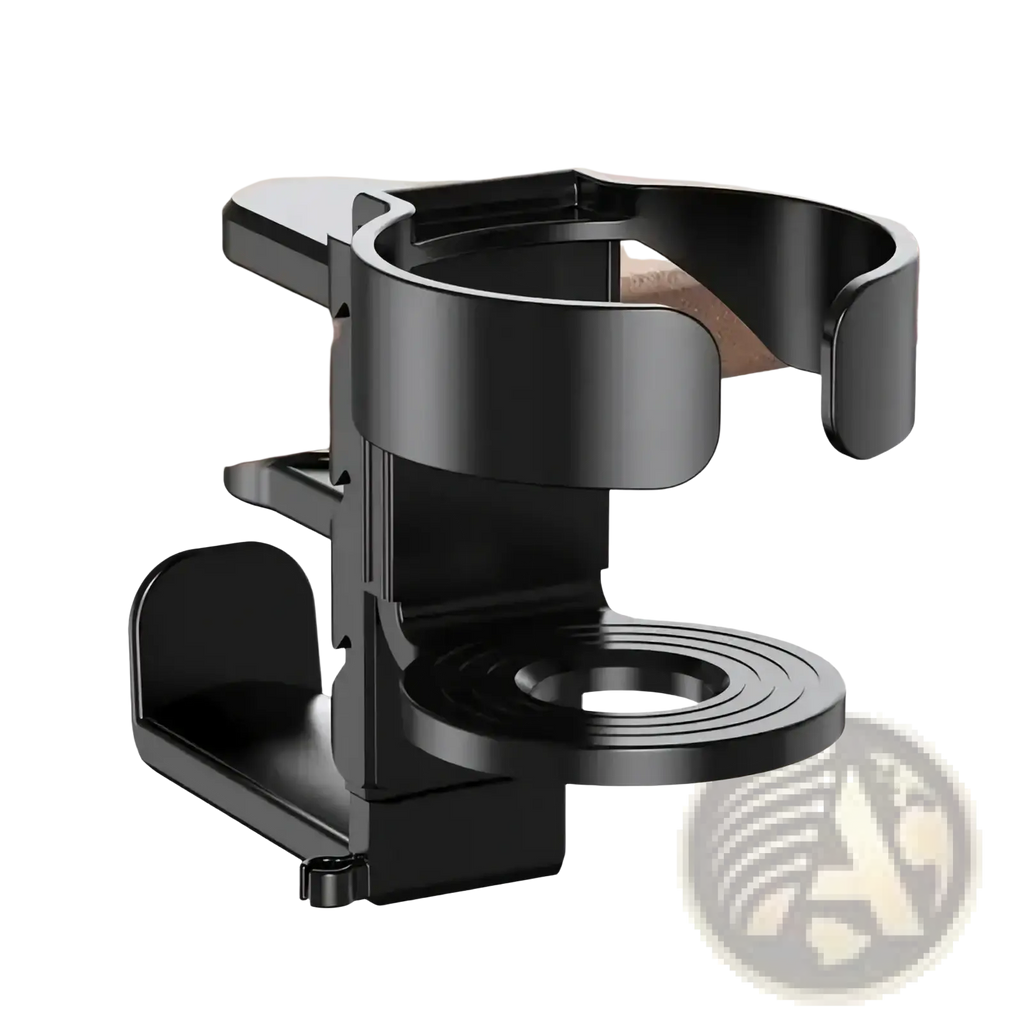 Black plastic desk cup holder with circular base and adjustable clamp for secure table mounting and headphone hanging