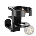 Black plastic desk cup holder with circular base and adjustable clamp for secure table mounting and headphone hanging