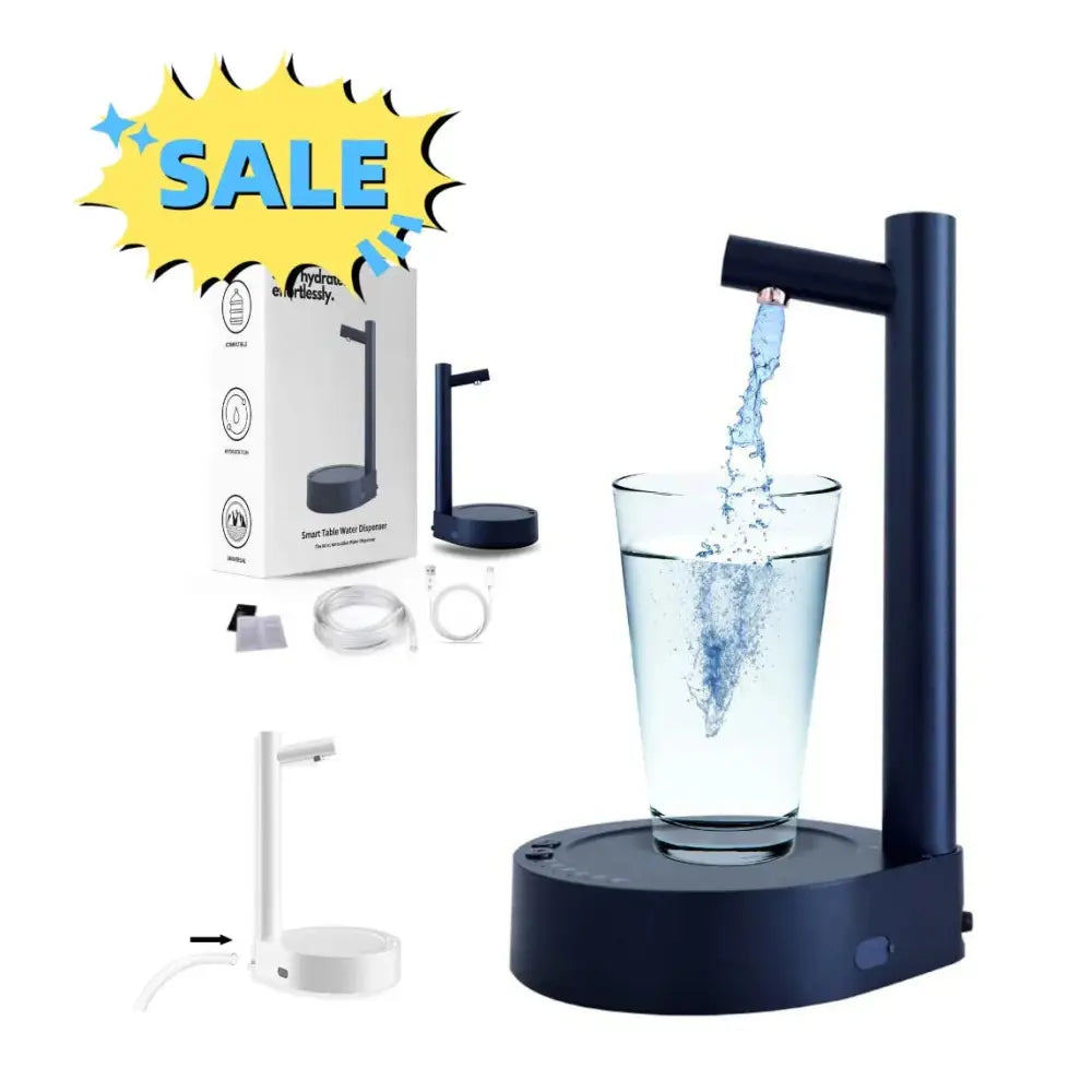 Black rechargeable smart automatic gallon water bottle pump with sleek curved spout dispensing water into a glass